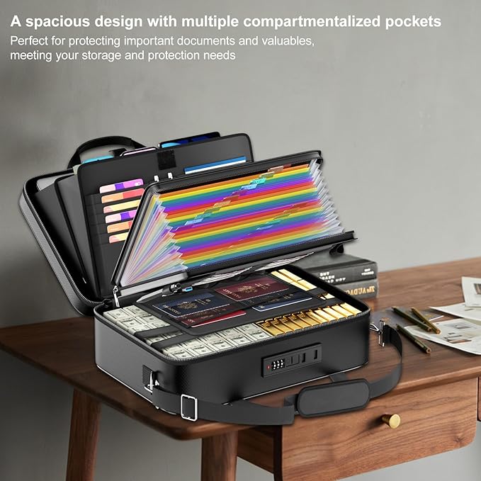 Tamfile Fireproof Document Box with Lock, Hard Case Fireproof Water Resistant File Organizer with 24 Colorful Pockets, Fire Safe Box for Important Documents, Valuables, Laptop, Passports (Black)