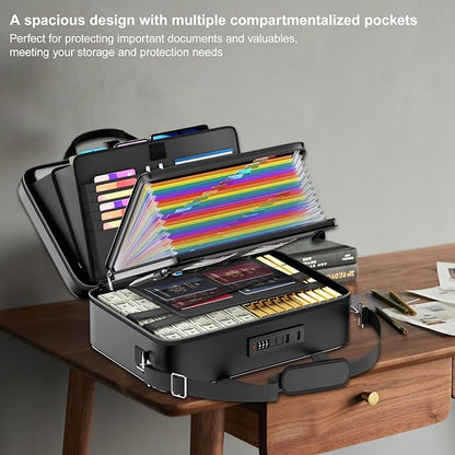 Tamfile Fireproof Document Box with Lock, Hard Case Fireproof Water Resistant File Organizer with 24 Colorful Pockets, Fire Safe Box for Important Documents, Valuables, Laptop, Passports (Black)