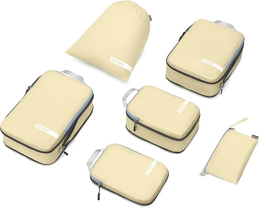 Cipway Compression Packing Cubes for Travel Ultralight Expandable Packing Organizers with Laundry & Toiletry Bag for Carry on Luggage (Vanilla Cream 6 Set)