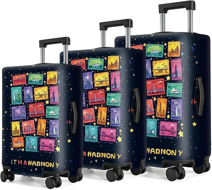 Colorful City Landmarks Luggage Cover – Fun and Vibrant Travel Suitcase Protector, Fits Wheeled Luggage for Stylish Travel,Fits 24''–26'' Suitcases (Size M)