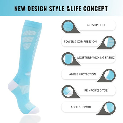 fenglaoda Compression Socks Women Men 6 Pairs, Knee High Best Support Circulation Socks for Running, Travel, Flight, Nurse