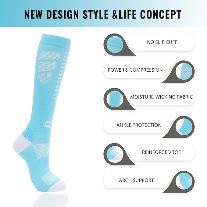 fenglaoda Compression Socks Women Men 6 Pairs, Knee High Best Support Circulation Socks for Running, Travel, Flight, Nurse