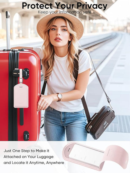 Luggage Tags Built-in Anti-Loss Tracker, Luxury Leather Luggage Tags for Suitcase, Travel Bags, Backpacks, Travel Organizer for Lost Baggage Prevention (Pink)
