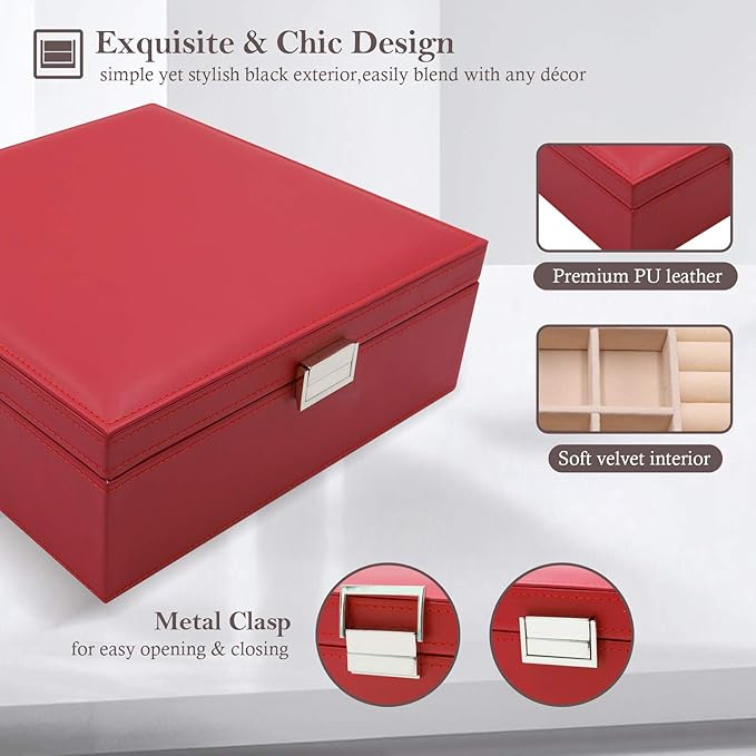 ProCase Jewelry Box for Women, 2 Layers Large Leather Jewelry Organizer Storage Case with Removable Pad for Earrings -Red