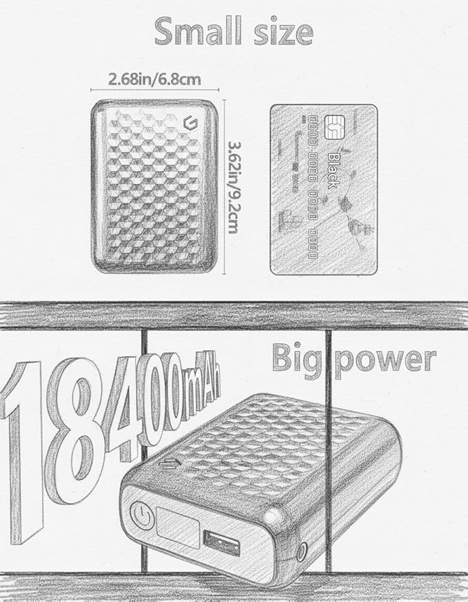 18400mAh Heated Jacket Battery Pack, 12V/5V Power Bank for Heating Coat & Vest
