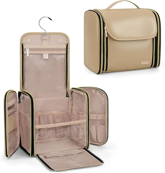 Hanging Toiletry Bag, PU Leather Makeup Bag Large Capacity with Jewelry Organizer for Brushes Set, Cosmetic Accessories, Khaki