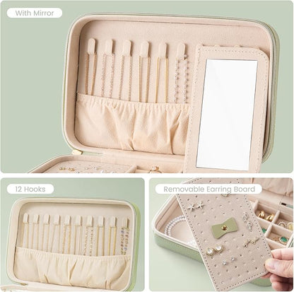 Lolalet Travel Jewelry Case for Women Girls, Travel Jewelry Organizer Box with Mirror & Clear Storage Bag, Small Portable Earring Necklace Bracelet Ring Case, Birthday Christmas Gifts -Medium, Green