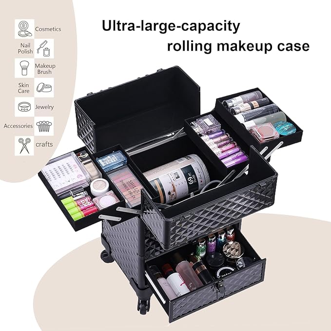 TOPACK Rolling Makeup Train Case,360°Rotaing Wheel Aluminum Cosmetic Case with Trolley 4-Tray for Tattoo/Barber/Nail Tech Travel Cart Organizer 13.1 * 9.8 * 18.3in BLACK (BLACK)