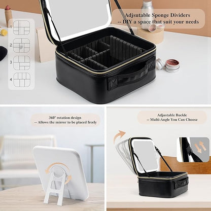 SJD Travel Makeup Bag with LED Mirror, Portable Cosmetic Case Organizer with Lighted Mirror, Waterproof Makeup Case for Cosmetic Brush Holder Storage, Black Toiletry Bag for Women Gift