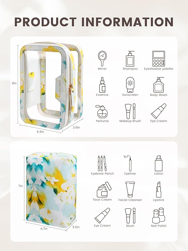 ROWNYEON Clear Makeup Case Toiletry Bag Multipurpose Travel Makeup Train Case Portable Cosmetic Organizer Transparent Storage Bag