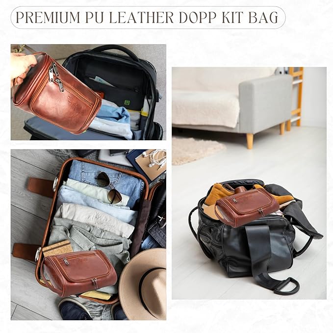 Mens Toiletry Bag, Water-resistant Dopp Kit For Men Travel, PU Leather Toiletries Bag Shaving Kit, Compact Organizer With Wrist Strap, Grooming Essentials For Vacation, Gym & Camping，Rust