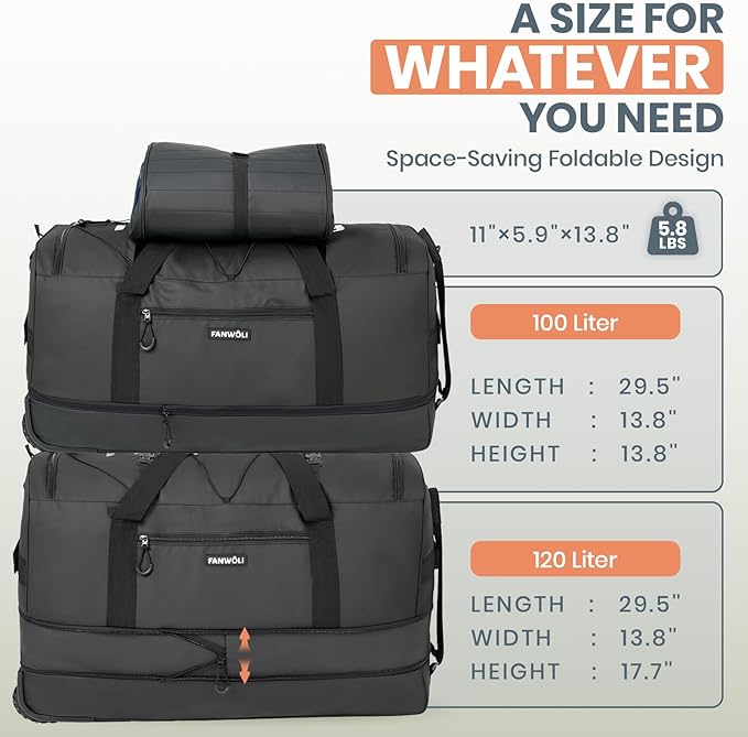 Fanwoli 30'' Large Rolling Duffle Bag with 2 Wheels - No-Sag Design for Heavy Loads, Expandable 100L-120L Duffel Wheeled Luggage with Soft Handle & Lock, Waterproof Foldable for Travel, Camping,Moving