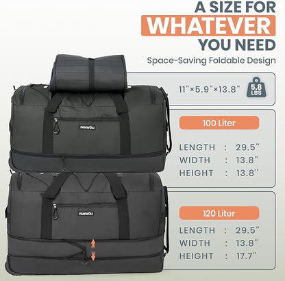 Fanwoli 30'' Large Rolling Duffle Bag with 2 Wheels - No-Sag Design for Heavy Loads, Expandable 100L-120L Duffel Wheeled Luggage with Soft Handle & Lock, Waterproof Foldable for Travel, Camping,Moving