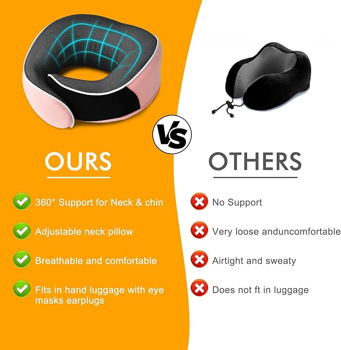 Neck Travel Pillow,360° Memory Foam Neck Pillow,Portable and Storable Pillows, Comfortable Breathable Ergonomic Design for Travel, Car Rides, Home and Offices Use (Pink)