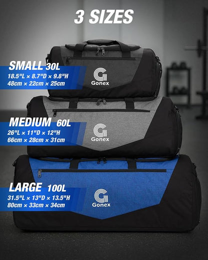 Gonex Gym Duffel Bag with Shoe Compartment Wet Pocket, Large Capacity Sports Duffle Bag for Men Women, Workout & Travel Bag with Multiple Pockets, Black, Medium (60L)