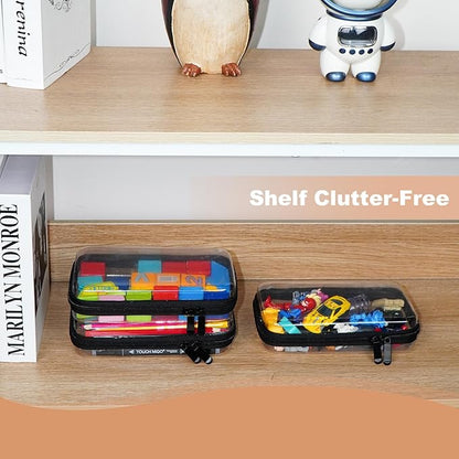 3PCS Clear Hard Shell Zipper Case,Toy Organizers and Storage Box,Clear Toiletry Cosmetic Case,Travel Makeup Bags, Diaper Bag Organizer,Pencil Case,Stackable Portable Transparent Zipper Pouches Black-S
