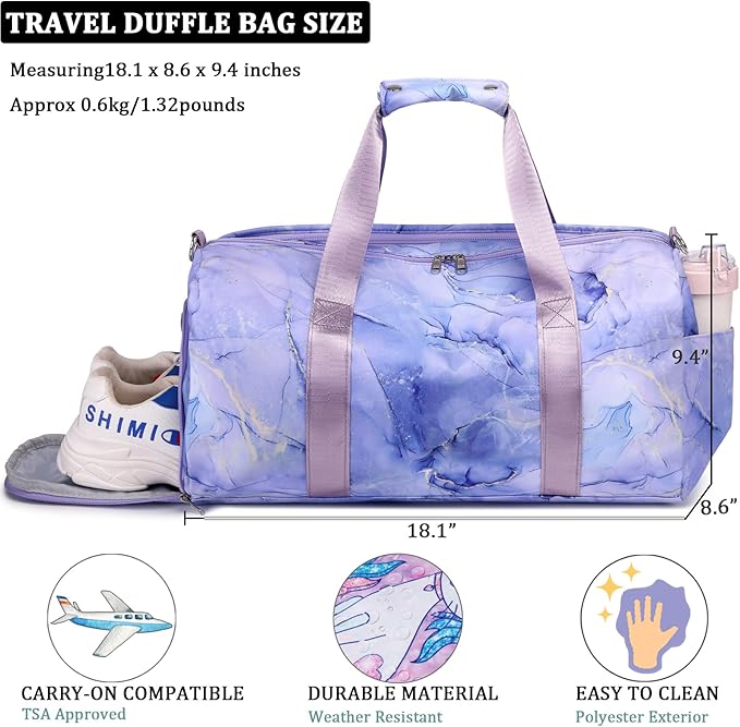 JIANYA Kids Duffle Bag for Girls Teens Sports Gymnastics Sleepover Bag with Shoe Compartment, Marble Purple