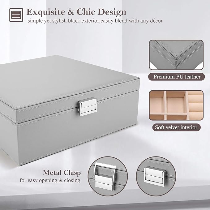 ProCase Jewelry Box for Women, 2 Layers Large Leather Jewelry Organizer Storage Case with Removable Pad for Earrings -Grey