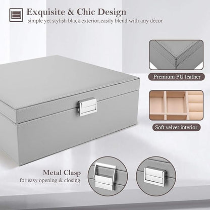 ProCase Jewelry Box for Women, 2 Layers Large Leather Jewelry Organizer Storage Case with Removable Pad for Earrings -Grey