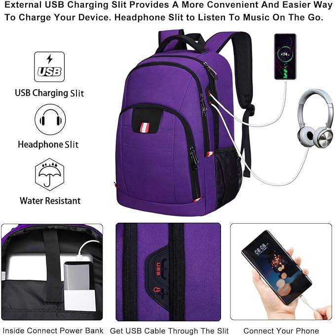 Della Gao Travel Laptop Backpack, Small Backpack for Men and Women with USB Slit Business Computer Backpack Bag (Purple, 15.6 Inch)