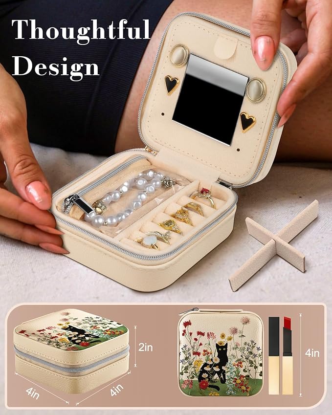 Bistup Travel Jewelry Case - Small Jewelry Organizers and Storage Box for Women Girls Teens Cute Traveling Jewelry Holder with Mirror Little Tiny Compact Modern Unique Aesthetic Pretty, Cat Flower