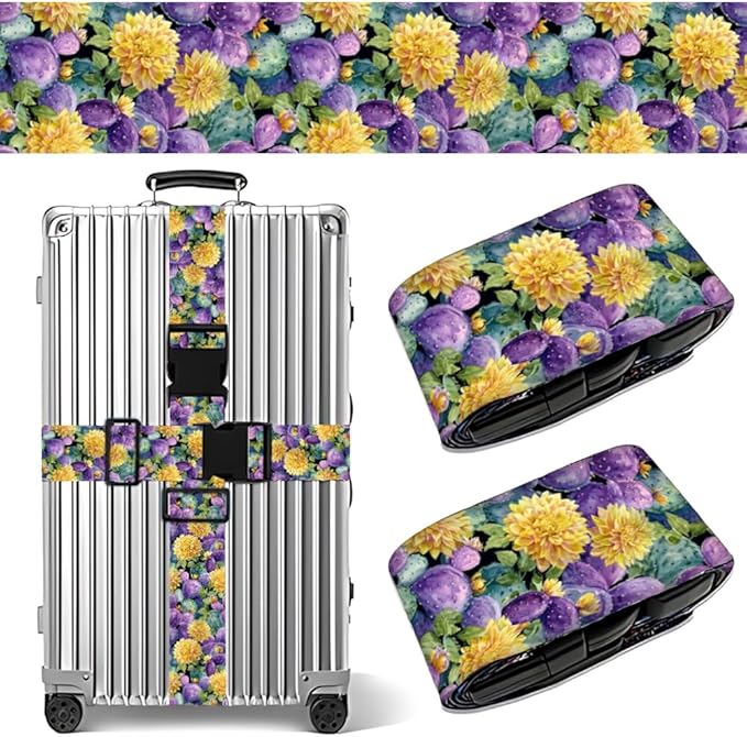 2PC,Cactus Flower Luggage Strap 1.97 x 70.84 inch Purple Green Yellow Botanical Design Adjustable Suitcase Belt Durable Nylon Baggage Identifier for Nature Travel Lovers