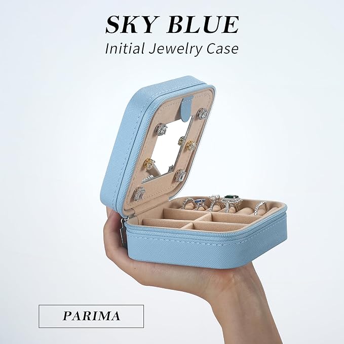 Parima Travel Essentials for Women Jewelry Box, Travel Accessories for Teen Girls Trendy Stuff | Necklace Organizer Earrings Organizer Ring Organizer - Letter A, Sky Blue
