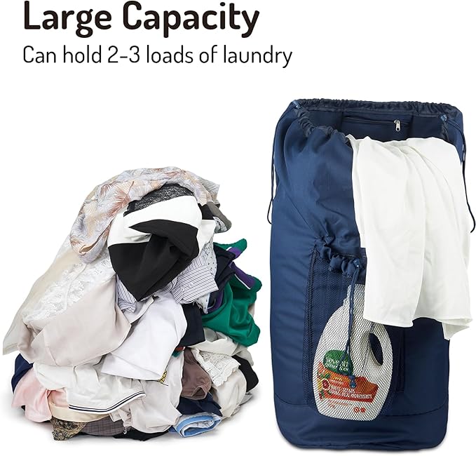 Laundry Bag Backpack with Detergent Holder and Adjustable Shoulder Straps, Clothes Laundry Backpack for College, Travel, Apartment, Laundromat, Dorm Room (Blue)