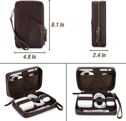 Electronic Organizer Case Tech Kit, Top Grain Leather Handmade, Portable Compact Travel Electronic Accessories Storage Case Fits Phone, USB Cables, Chargers, Hard Drive, Cards, Apple pencil