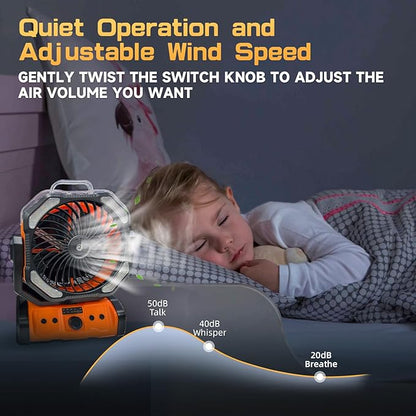 20000mAh Oscillating Camping Fan - Battery Operated Misting Fan with Timer, USB-C, Dual Motor & LED Light for Tent, Beach, Jobsite, Emergency