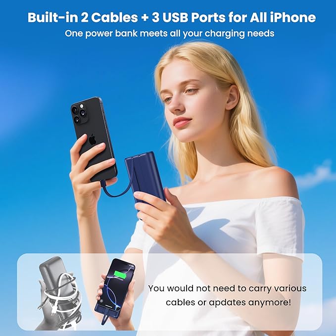 Portable Charger 40,800mAh Power Bank with Built-in Cables,5 USB Output Battery Pack Backup,25W PD Fast Phone Charging Travel Essential Outdoor for iPhone 17/16/15 Pro,Android Galaxy Pixel Nexus-Blue