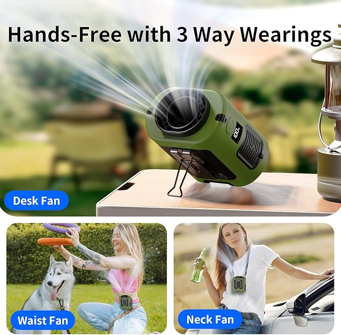 Socool Portable Waist Fan 5000mAh Rechargeable Mini Clip On Personal Fans with 13000RPM & 4 Adjustable Speeds, 25H Cooling Wearable Shirt Belt Hanging Neck Fan for Outdoor Working Jobsite (Green)