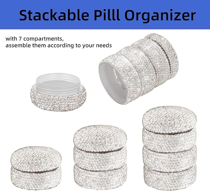 Pill Organizer Travel Medicine Supplement Organizer Weekly Pill Box 7 Day Daily Vitamin Cases Portable Stackable Pill Caddy for Women(Silver)