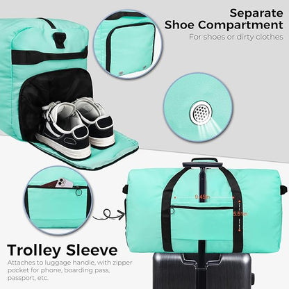 Fmeida 65L Duffle Bag with Shoes Compartment, Foldable Travel Duffel Bags for Men Women, Large Packable Travel Bag Water Repellent & Tear Resistant (Mint Green)