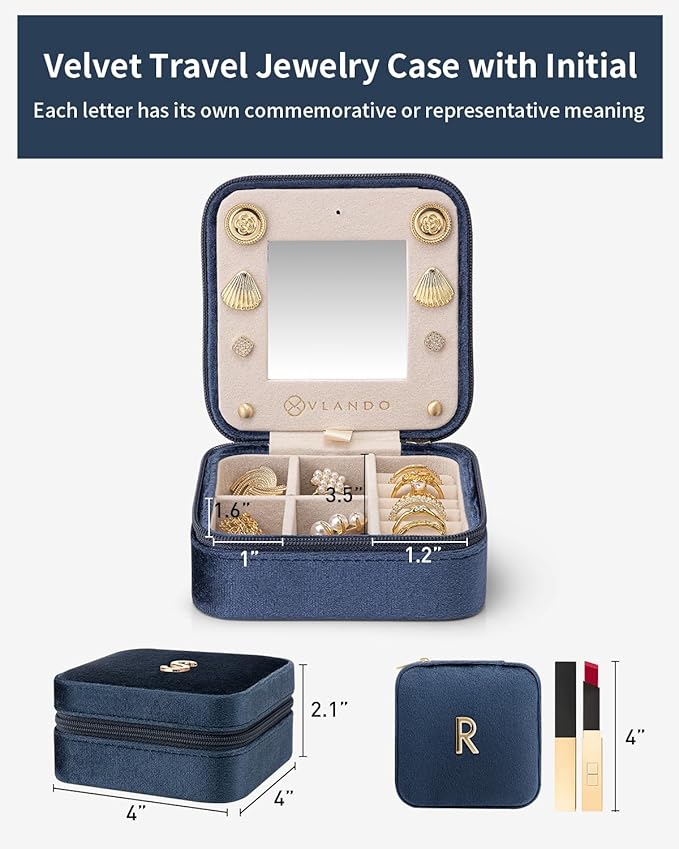 Vlando Travel Jewelry Box for Girls Women, Initial Jewelry Organizer Box - Travel Must Haves Case for Girls, Gifts for Sister Daughters - Letter R, Dark Blue