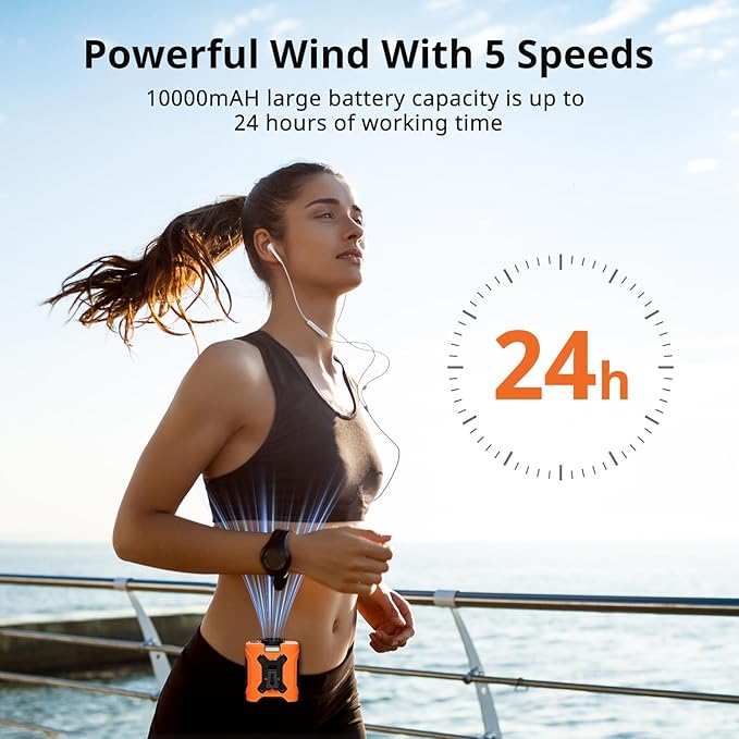 Portable Waist Fan 10000mAh Portable Waist Fan 18000RPM With Max 12H Working Time 5 Speeds adjustment with LED flashlight and Charging display Cooling for Outdoor Jobsite and etc(Orange)