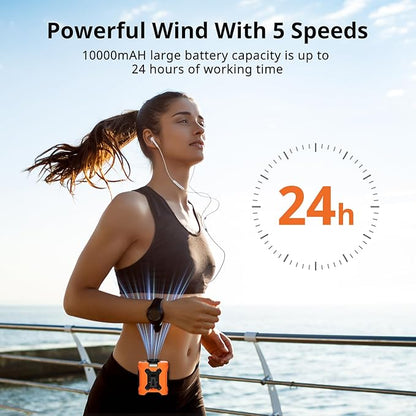 Portable Waist Fan 10000mAh Portable Waist Fan 18000RPM With Max 12H Working Time 5 Speeds adjustment with LED flashlight and Charging display Cooling for Outdoor Jobsite and etc(Orange)