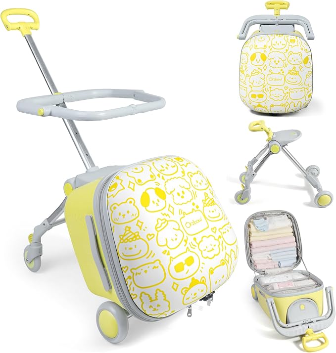 Orzbow 2-In-1 Ride On Luggage, Expandable Ride On Suitcase for Kids with Spinner Wheels, Carry On Luggage with Detachable Seat, Double as Stroller, Safety Guardrail, Help Your Child Relax, Yellow
