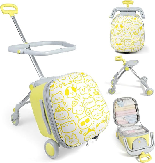Orzbow 2-In-1 Ride On Luggage, Expandable Ride On Suitcase for Kids with Spinner Wheels, Carry On Luggage with Detachable Seat, Double as Stroller, Safety Guardrail, Help Your Child Relax, Yellow