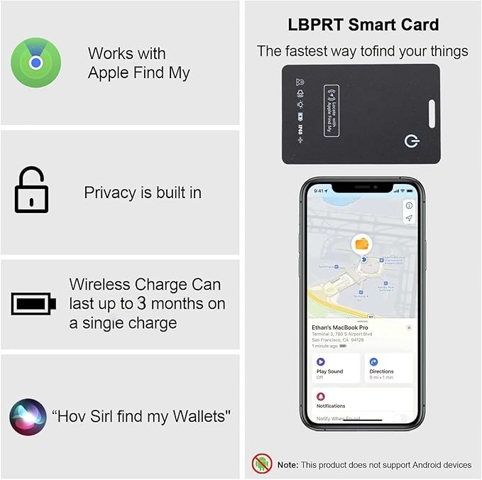 [Apple MFi Certified] LBPRT Air-Tag Card Rechargeable Wallet Tracker Thin 1.6mm 2 Pack, Smart Locator Work with Apple Find My (iOS Only, Android not Supported), Item Finder for Luggage Suitcase Bags.