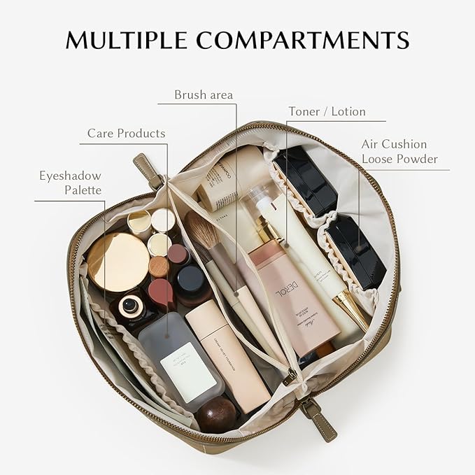 EACHY Travel Makeup Bag, Faux Suede Cosmetic Bags for Women,Large Capacity Portable Pouch Open Flat Toiletry Bag Make up Organizer with Divider and Handle