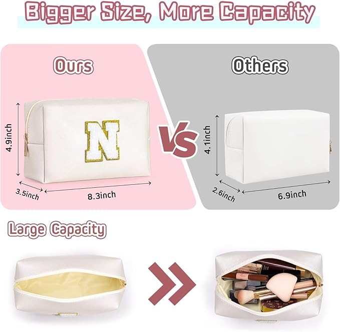 TOPEAST Preppy Makeup Bag, Cute Makeup Pouch PU Leather Waterproof Cosmetic Bag, Personalized Birthday Gifts for Mom Teacher Friends Bridesmaids Nurse, Trendy Stuff for Girls (White I)