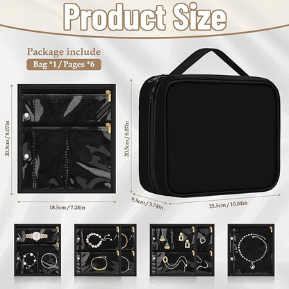 Yotako Travel Jewelry Organizer Case-Jewelry Organizer Jewelry Storage Book Binder with Clear Zipper Velvet Pouch for Travel Home Use, Jewelry Bags for Earrings, Rings, Necklace, Bracelet, Black