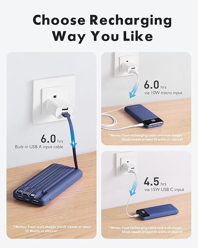 charmast Portable Charger with Built in Cables, Power Bank with Cords Wires, Slim 10000mAh Travel Battery Pack 6 Outputs 3 Inputs 3A Fast Charging for Samsung Google Pixel LG Moto iPhone iPad