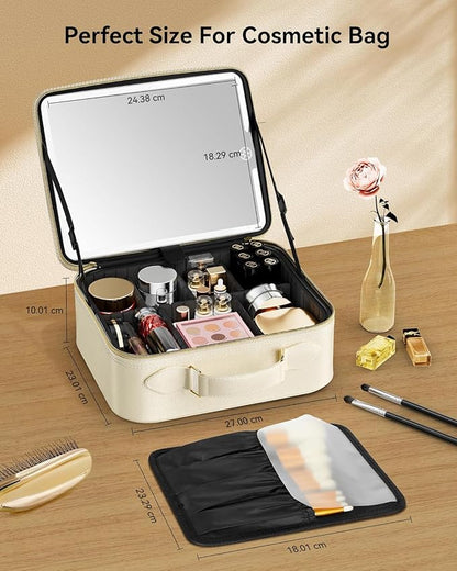 JUSRON Travel Makeup Bag With LED Mirror, Cosmetic Train Case with Light up Mirror, Portable Makeup Artist Organizer Bag with Adjustable Dividers, Makeup Brush Holder Storage (White, Medium)