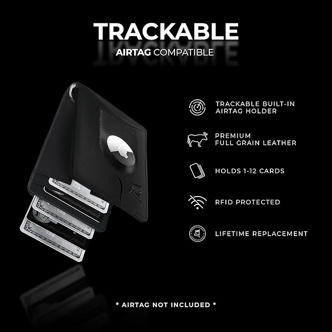 Kings Loot Trackable Airtag Wallet for Men | RFID Blocking Leather Design with Airtag Holder, Money Clip & Pull Tab | Minimalist Air Tag Wallets
