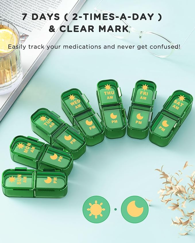 Pill Organizer 2 Times A Day, 7 Day Am Pm Pill Box - Acedada Weekly Pill Organizer with Separate Container, Portable Daily Medicine Planner Dispenser Case for Vitamin, Fish Oils, Supplements, Green
