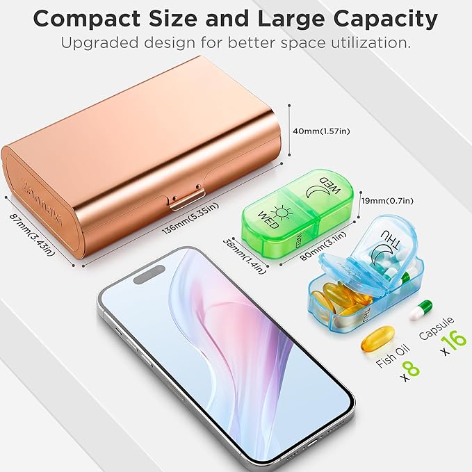 Zannaki Metal XL Weekly Pill Organizer 2 Times a Day, Large Travel Daily Pill Box 7 Day, Portable Week Twice Pill Holder Container, AM PM Pill Case for Medicine Vitamin Medication Supplement, Gold