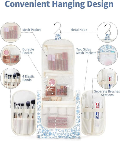Narwey Hanging Toiletry Bag for Women Travel Makeup Bag Organizer Toiletries Bag for Cosmetics Essentials Accessories (Large, Little Blue Flower)