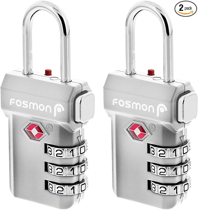 Fosmon TSA Approved Luggage Locks, Suitcase Travel Lock with Push Release Button for Extra Security, 3 Digit Combination Padlock for Gym Locker, Backpack Zipper Anti Theft, Gun Case - Silver, 2 Pack